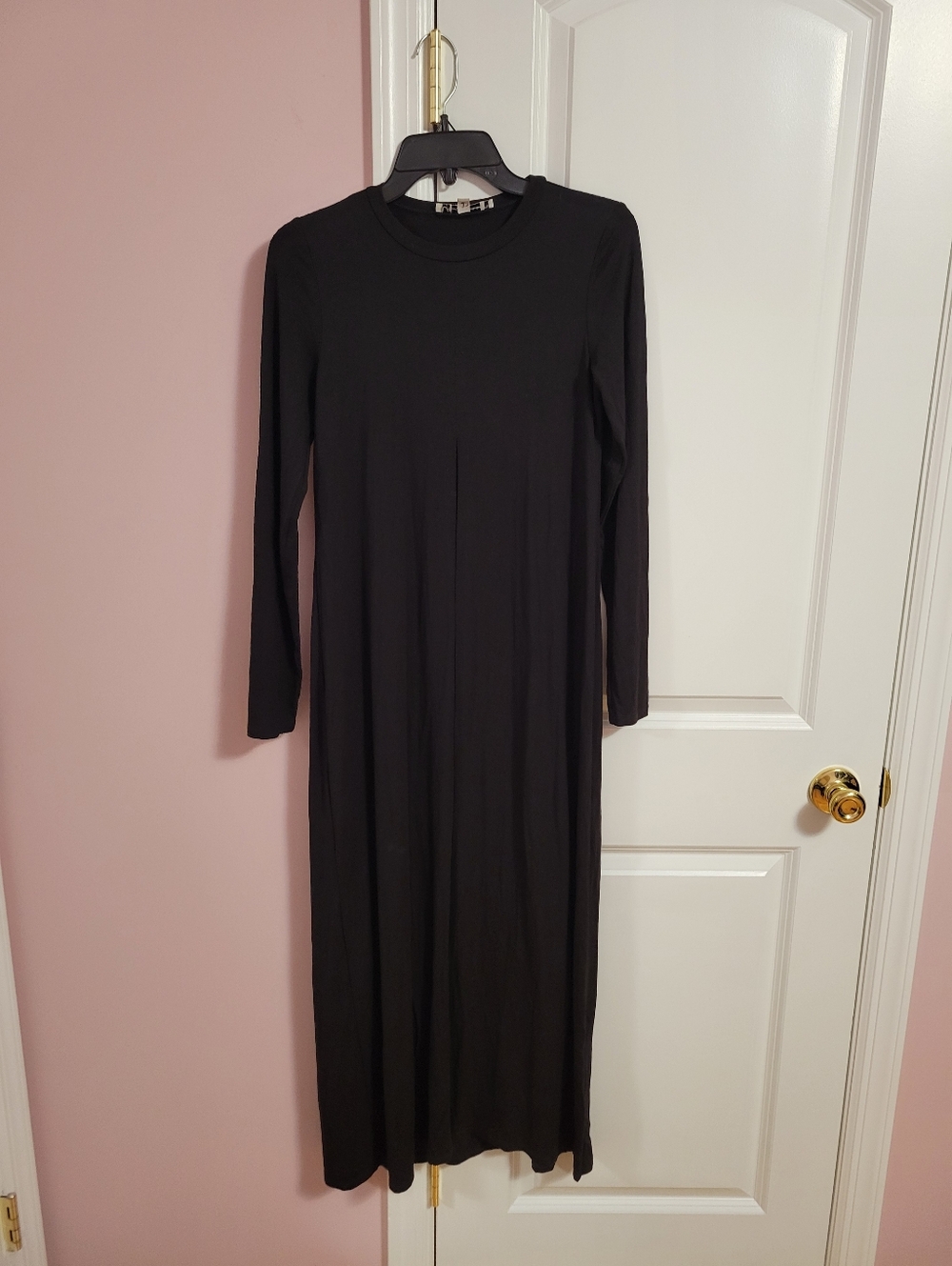 Womens Black Long Sleeve Maxi Dress with High Front Slit- S- Minimalist, Modest